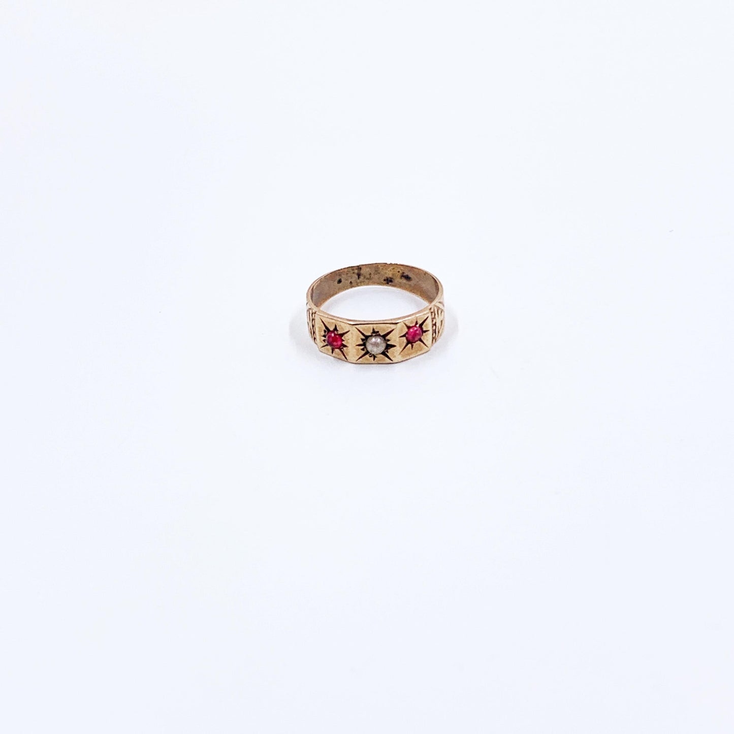 Victorian 10k Gold Baby Ring with Seed Pearl and Red Stones