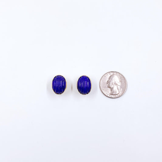 Vintage 14K Gold Carved Lapis Lazuli Omega Back Earrings; Oval Lapis Lazuli Earrings
