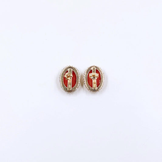 Vintage 14k Coral and Seed Pearl Earrings, Oval Coral Earrings