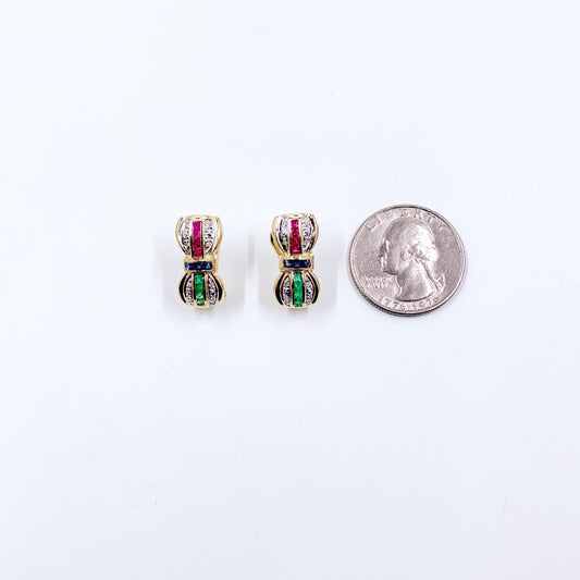 Vintage 14K Gold Ruby, Sapphire, Emerald and Diamond Bow Omega Back Earrings
