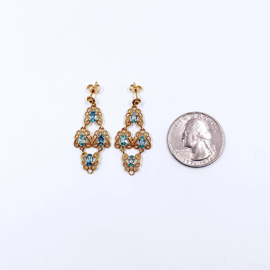 Vintage 14k Gold Filigree Blue Topaz Dangle Earrings, 14K Gold Floral Filigree Earrings