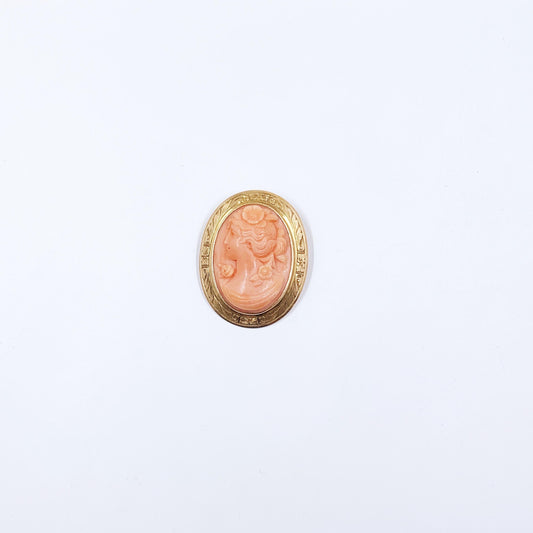 Estate 14k Carved Coral Cameo Brooch and Pendant, Female Figure Cameo