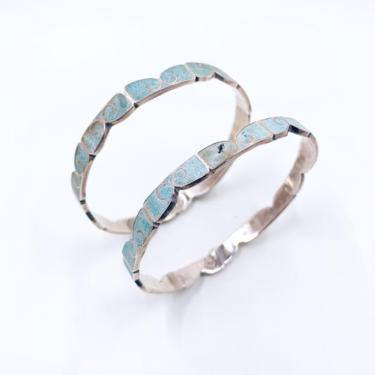 Vintage Mexican Silver Turquoise Inlay Bangle Bracelets- Set of 2