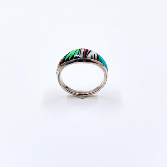 Vintage Sterling Multi Gemstone Inlay Ring, Southwest Inlay Ring, Size 9 1/4 Ring
