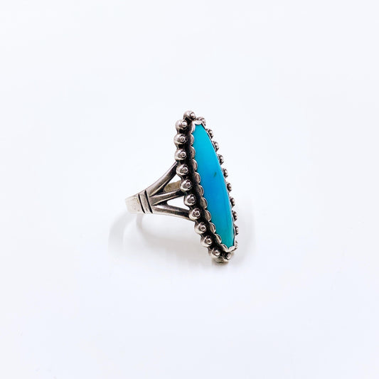 Vintage Sterling Southwest Turquoise Navette Ring, Size 8 Ring