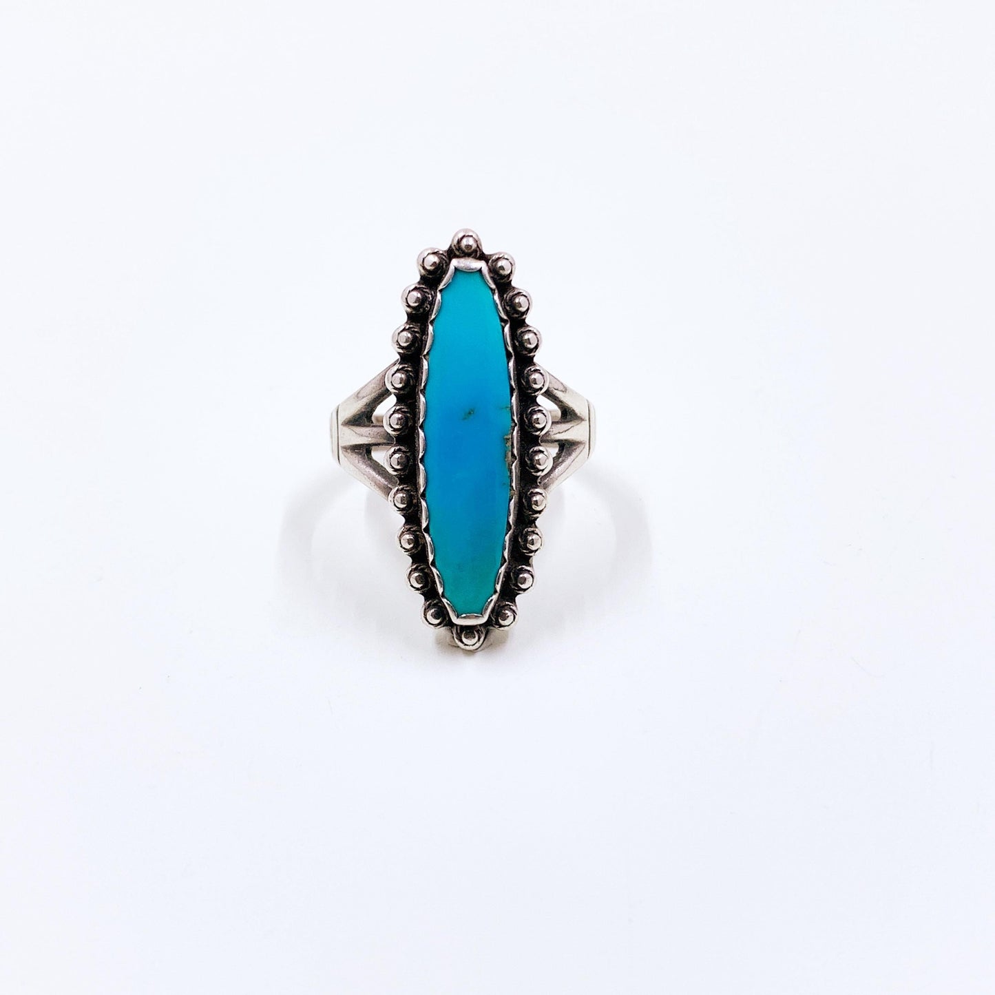 Vintage Sterling Southwest Turquoise Navette Ring, Size 8 Ring