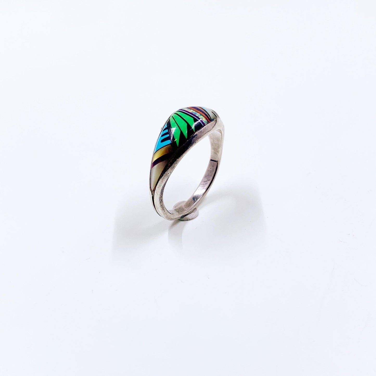 Vintage Sterling Multi Gemstone Inlay Ring, Southwest Inlay Ring, Size 9 1/4 Ring