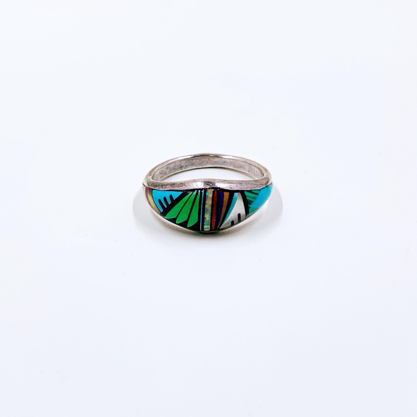 Vintage Sterling Multi Gemstone Inlay Ring, Southwest Inlay Ring, Size 9 1/4 Ring