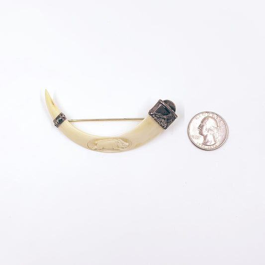 Antique Victorian Boar Tusk Brooch, Silver Hunting Trophy Carved Animal Brooch