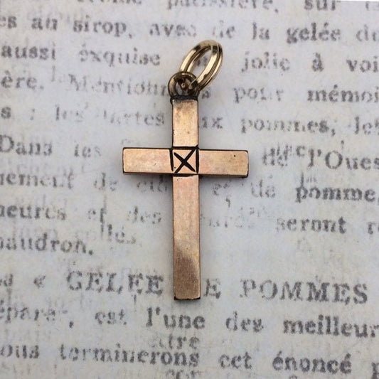 Vintage Engraved Gold Cross Pendant | Diamond and Heart