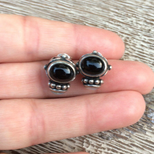 Silver Onyx and Mother of Pearl Earrings | Floral Design