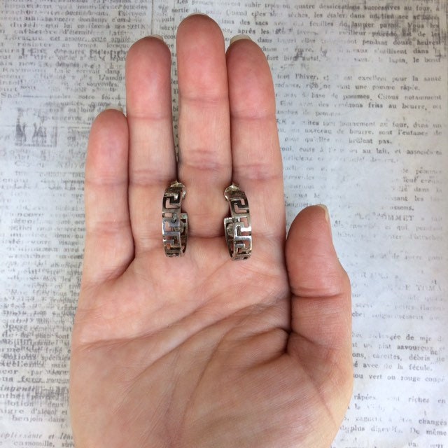 Vintage Silver Greek Key Hoop Earrings | Silver Half Hoops