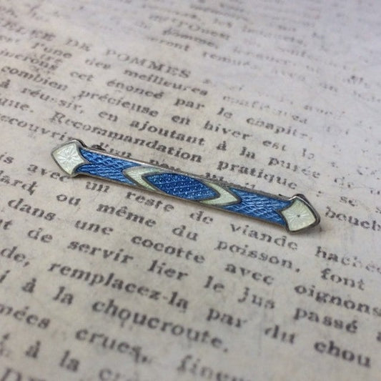 Vintage Guilloche Enamel Bar Brooch | Small Enamel Brooch | White and Light Blue Enamel