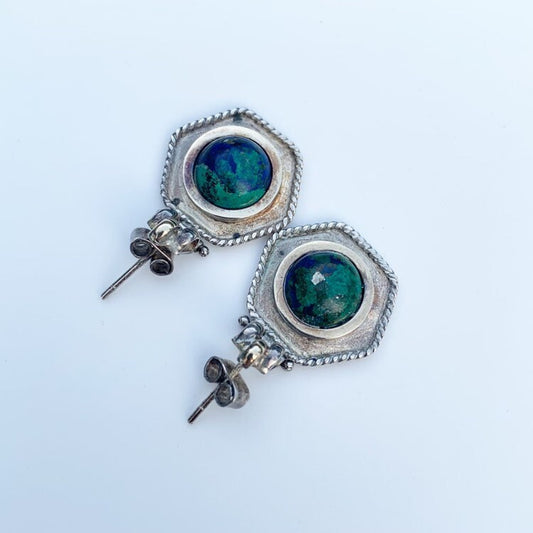Silver Azurmalachite Hexagon Earrings | Azurite and Malachite