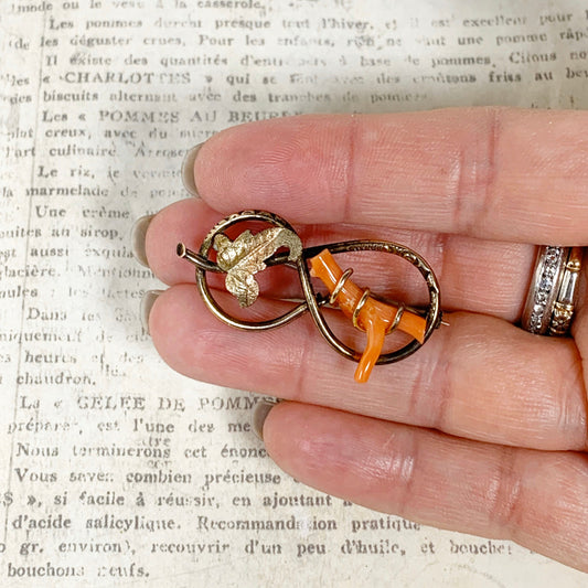 Victorian Love Knot Coral Brooch | Gold Filled Wire Coral Pin