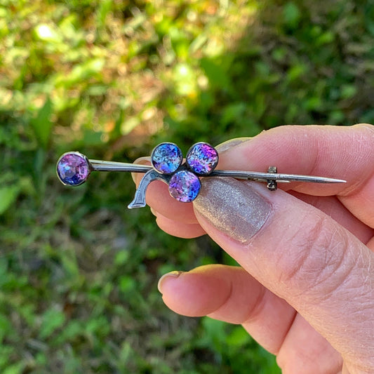 Antique Iris Glass Three Leaf Clover Brooch