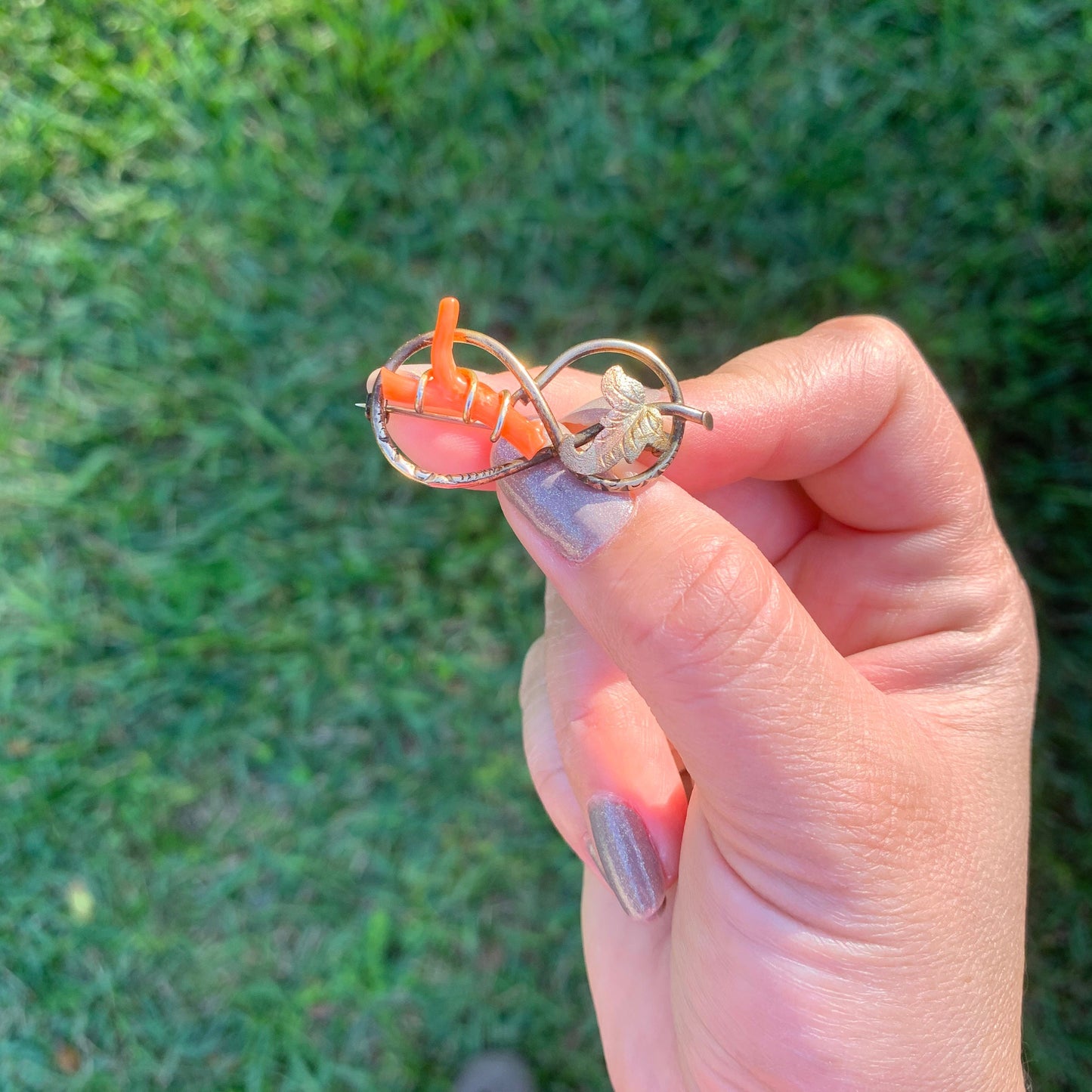 Victorian Love Knot Coral Brooch | Gold Filled Wire Coral Pin