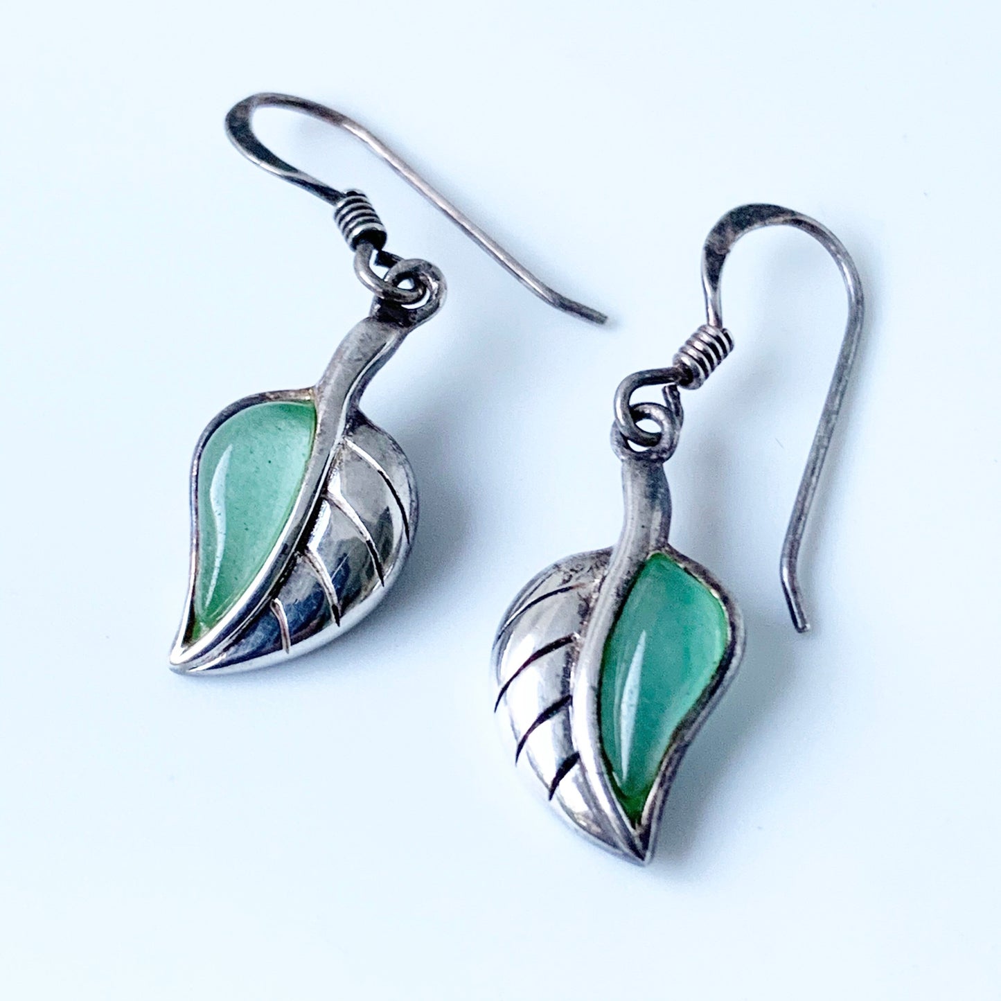 Vintage Silver Leaf Earrings | Green Stone Leaf Earrings