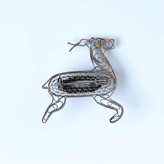 Vintage Filigree Antelope Brooch | Eilat Stone | Made in Israel | Filigree Addax Brooch