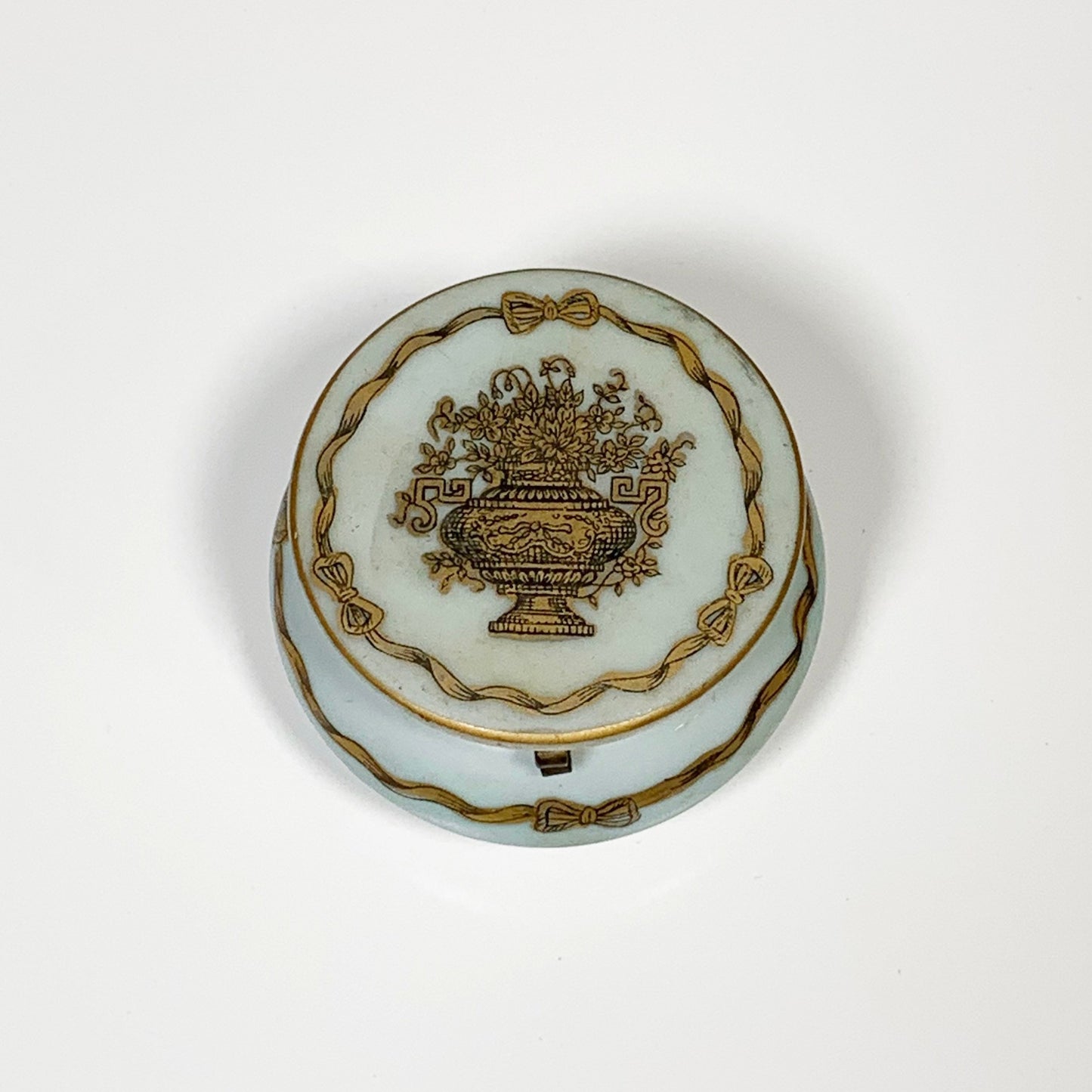 Vintage Porcelain Trinket Jar |  Hinged Porcelain Jar | Urn and Ribbon Decor