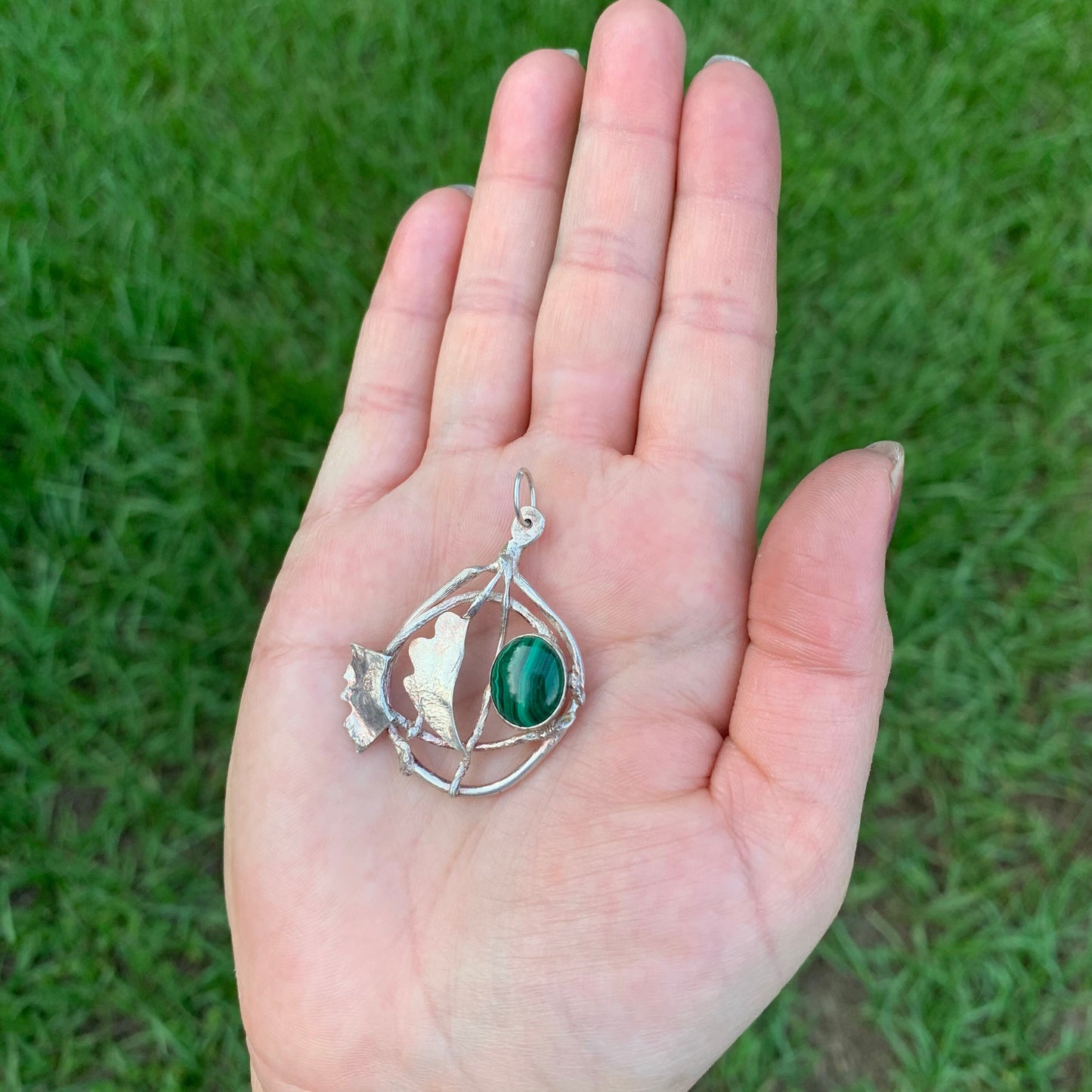 Vintage Sterling Modernist Fish Pendant | Silver Malachite Fish Pendant | Reticulated Fish