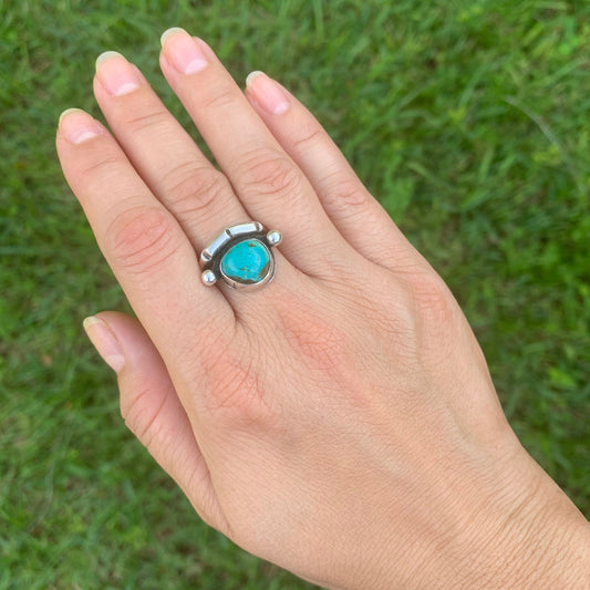 Vintage Silver Turquoise Ring | Southwest Turquoise Chiseled Ring | Size 7.5 Ring