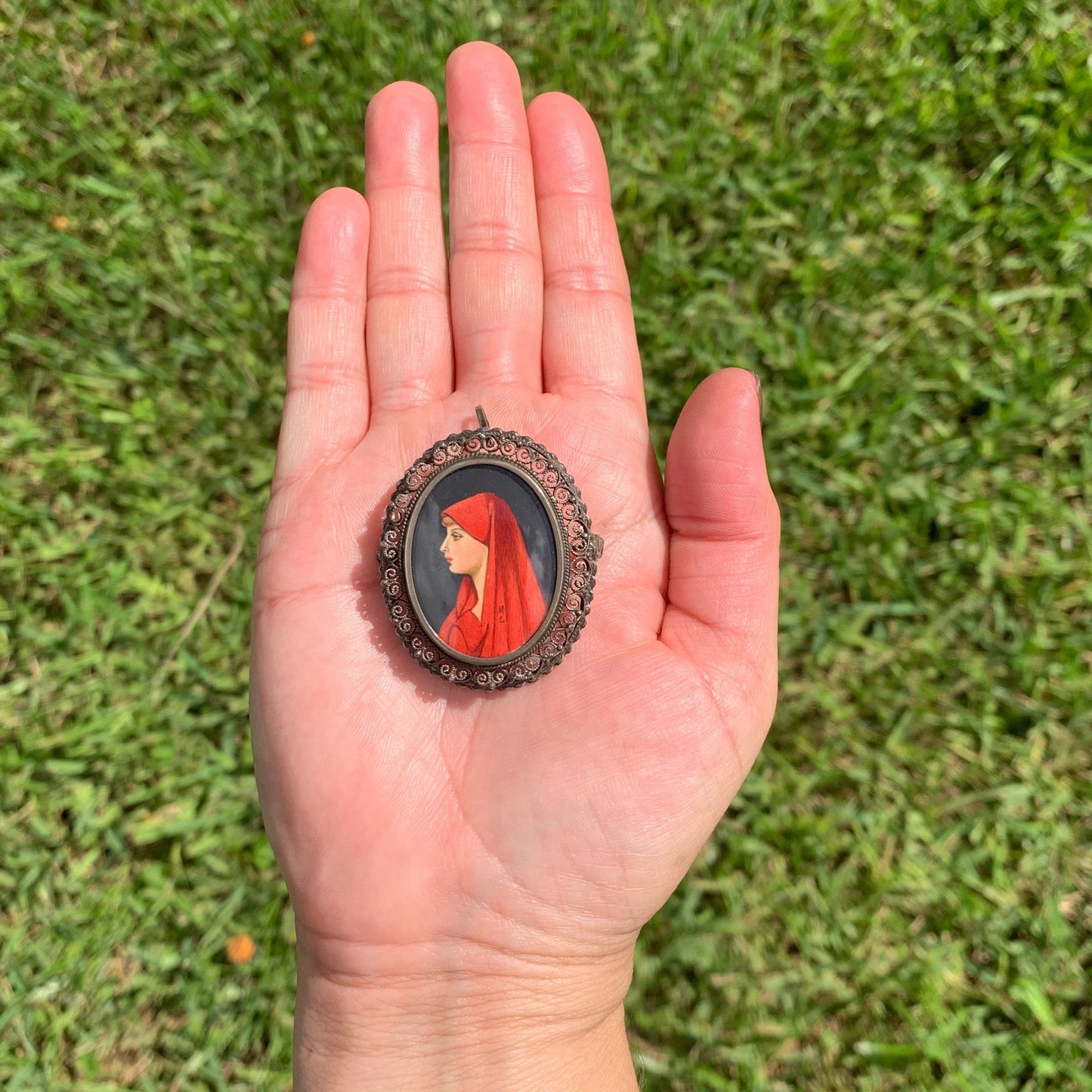 Vintage Hand Painted Miniature Brooch | Saint Fabiola Pendant Brooch | 800 Silver Brooch
