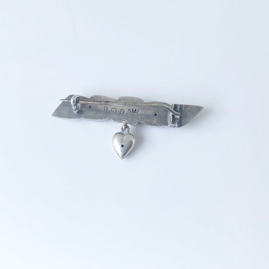 Victorian Ribbon and Dangle Heart Brooch | Silver Dangling Heart Brooch | Sterling Birmingham England