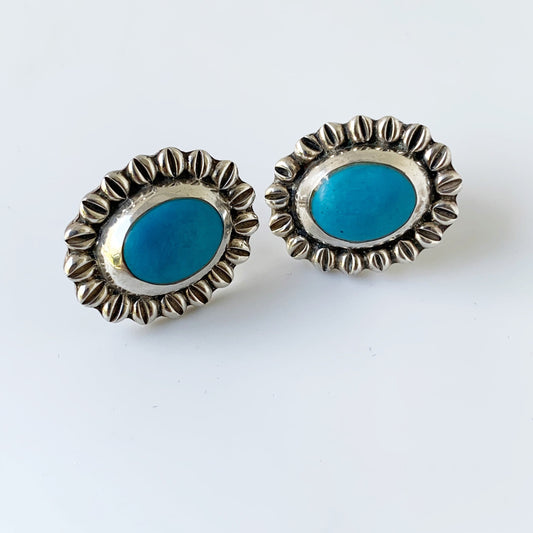 Vintage Mexican Silver Turquoise Stud Earrings | Silver Sunflower Earrings