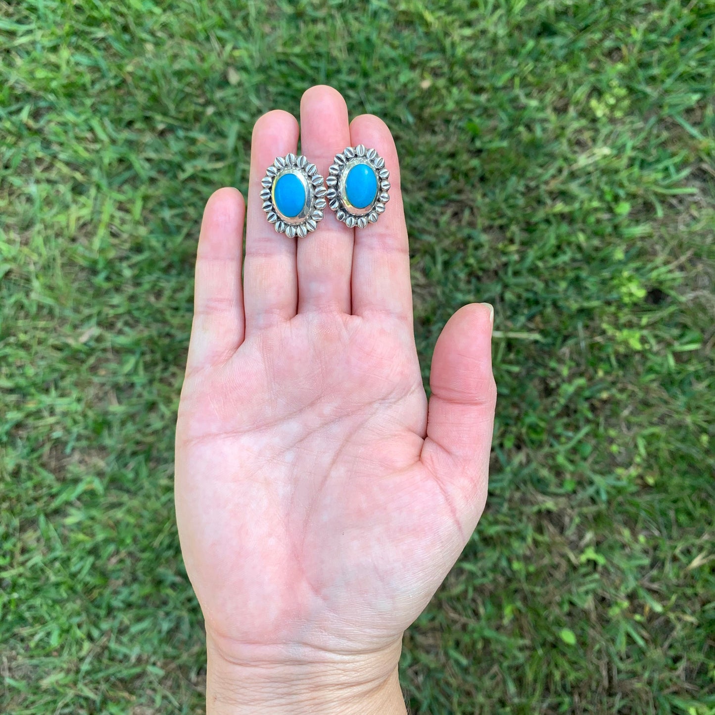 Vintage Mexican Silver Turquoise Stud Earrings | Silver Sunflower Earrings