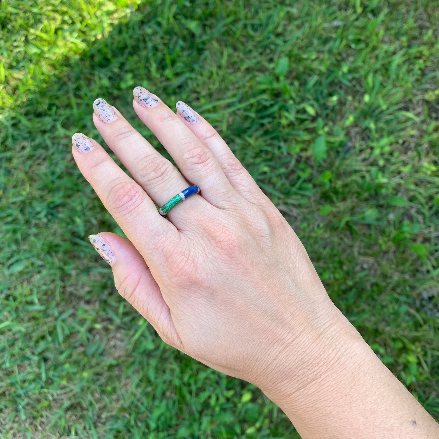 Silver Blue and Green Enamel Ring | Enamel Stackable Silver Ring | Size 5 3/4 Ring