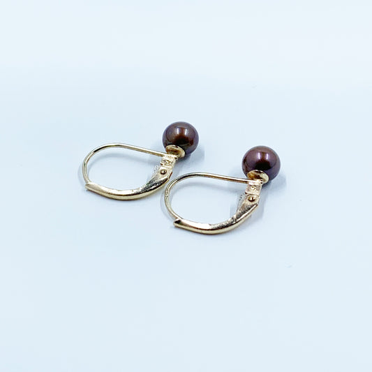 Vintage Gold Pearl Earrings | Chocolate Grey Pearl Earrings | Lever Back