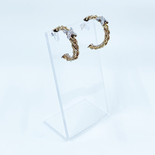 Vintage Two Tone Rope Hoop Earrings | Gold Filled and Silver | Patterned Textured Hoops