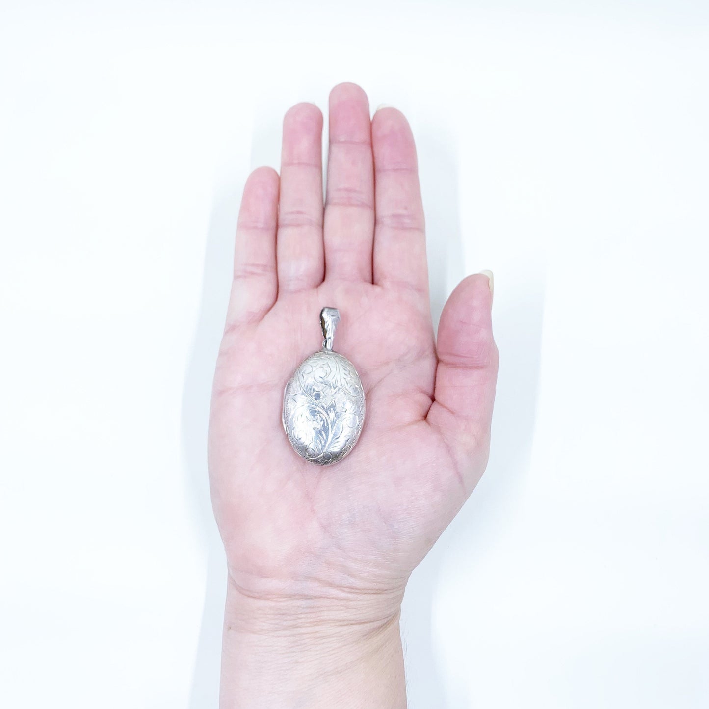 Vintage Silver Oval Engraved Locket | Large Oval Silver Scroll Work Locket