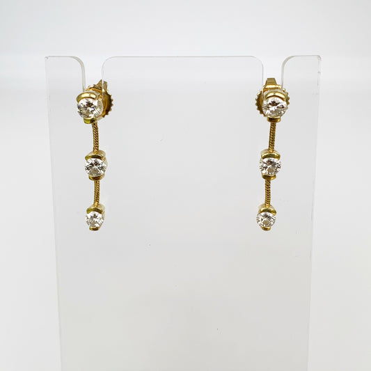 Vintage Gold Diamond Drop Earrings | 18K Gold Cable Chain Earrings | 3 Stone Diamond Dangle | 1.01 Carat Total