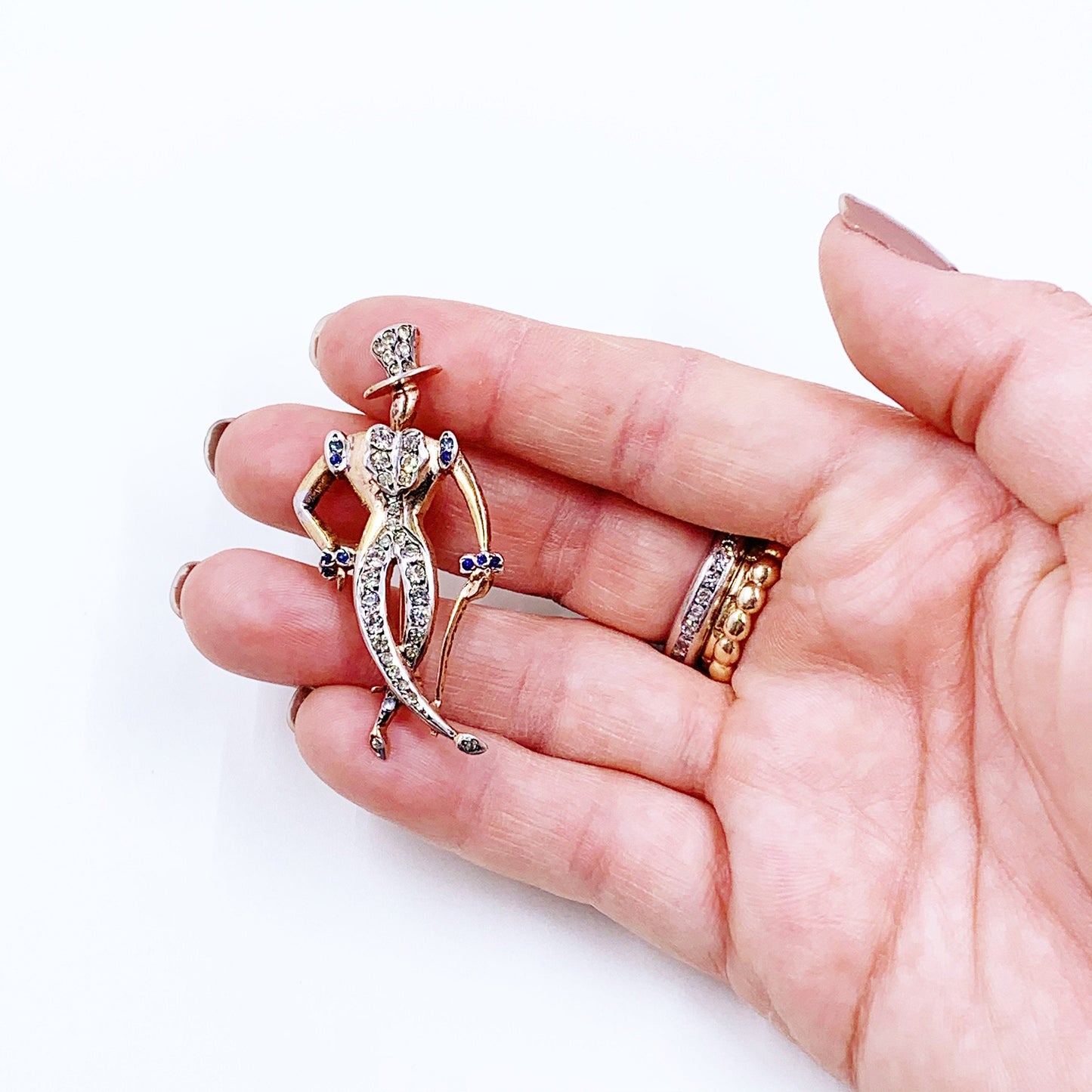 Vintage French Silver Figural Man in Top Hat Brooch | Blue and White Rhinestone Brooch