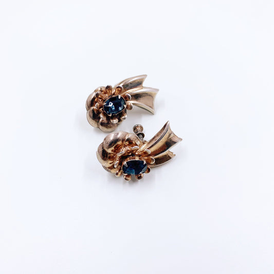 Vintage Sterling Silver Flower and Ribbon Earrings | Retro Earrings | Blue Rhinestone