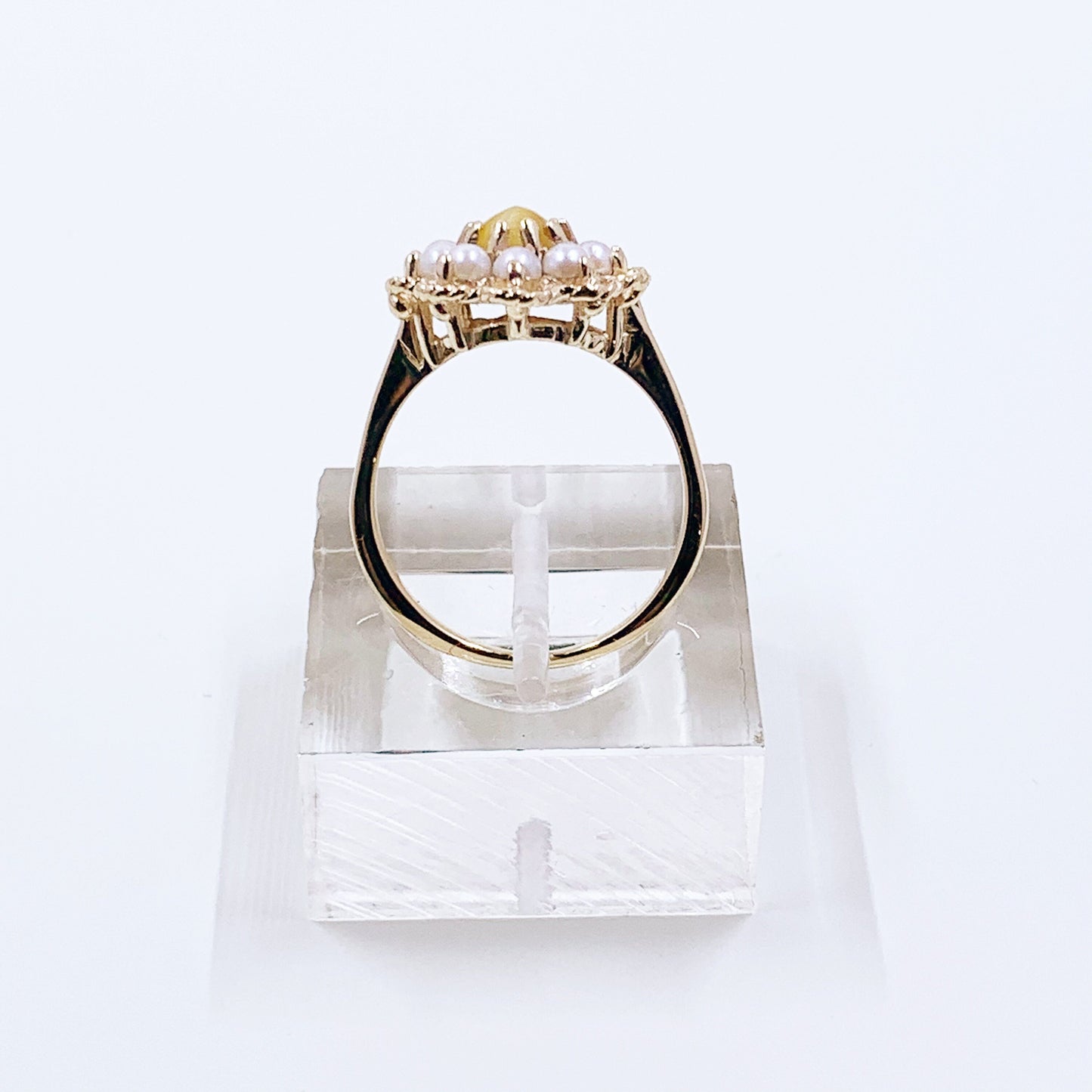 Vintage Gold Tigers Eye and Pearl Halo Ring | 14K Gold Halo Flower Ring | KGC Ring | Size 7 1/4