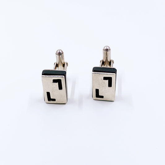 Vintage Modernist Silver Cufflinks | Onyx and Silver | Cutout Cufflinks | English Silver