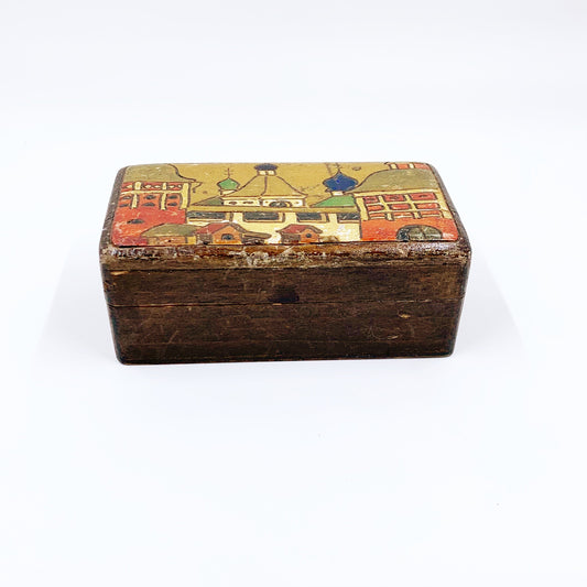 Vintage Russian Painted Wood Box | Hand Painted Trinket Box | St Petersburg Scene