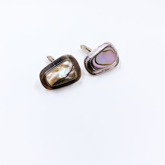 Vintage Mexican Silver Abalone Cufflinks | Mexican Modernist Cufflinks