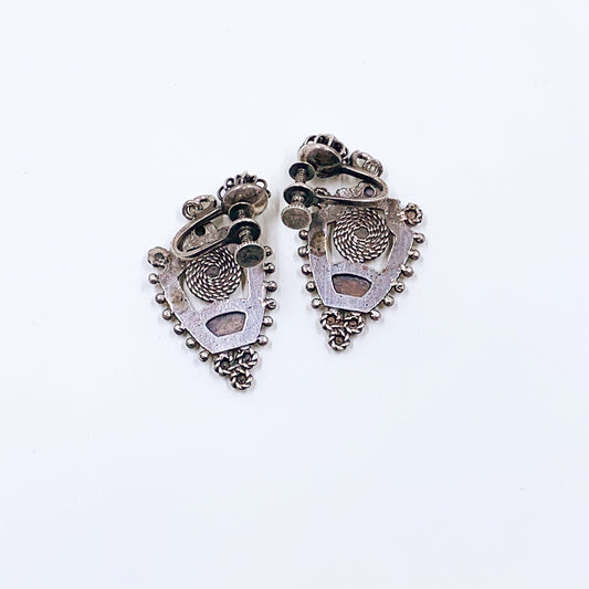 Vintage Silver Ethnic Dangle Earrings | Sterling Silver Cannetille Screw Back Earrings