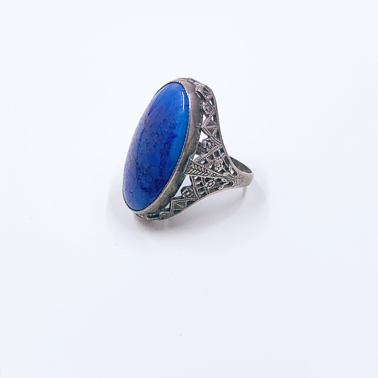 Antique Art Deco Blue Glass Stone Filigree Ring | Art Deco Filigree Sterling Silver Ring | Size 4 1/2 Ring