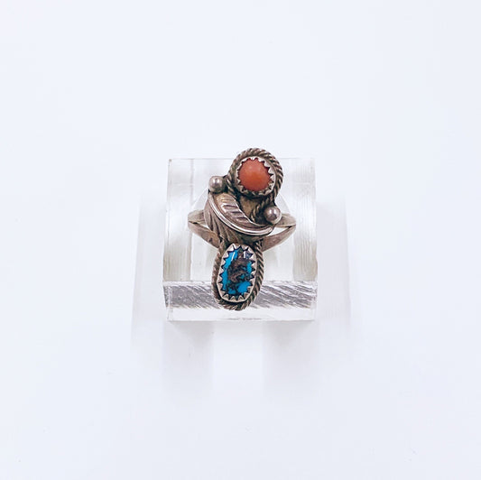 Vintage Silver Turquoise and Coral Ring | Southwest Jewelry | Silver Two Stone Ring | Size 5