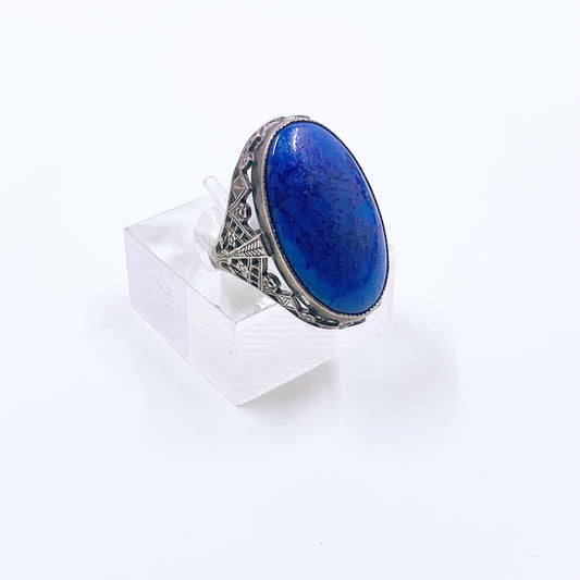 Antique Art Deco Blue Glass Stone Filigree Ring | Art Deco Filigree Sterling Silver Ring | Size 4 1/2 Ring