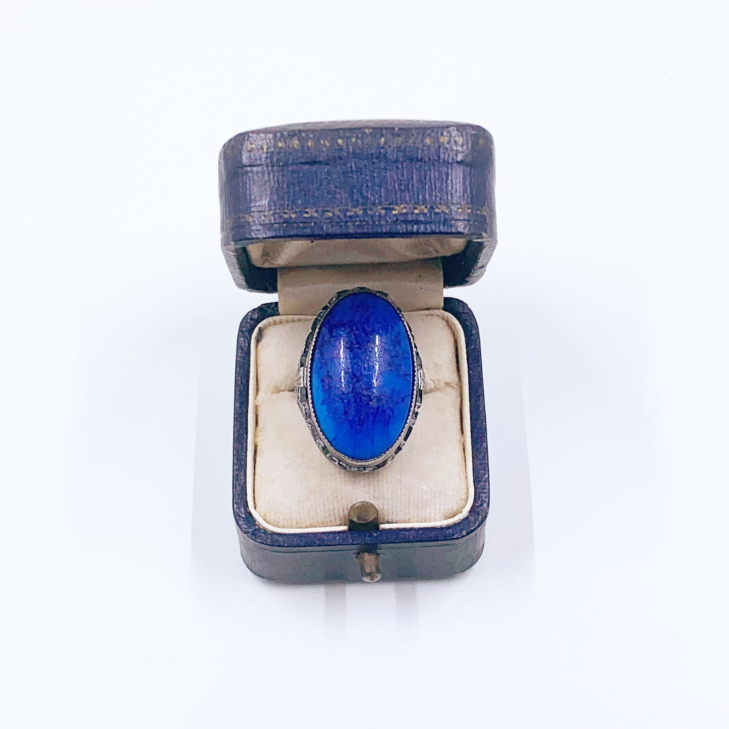 Antique Art Deco Blue Glass Stone Filigree Ring | Art Deco Filigree Sterling Silver Ring | Size 4 1/2 Ring