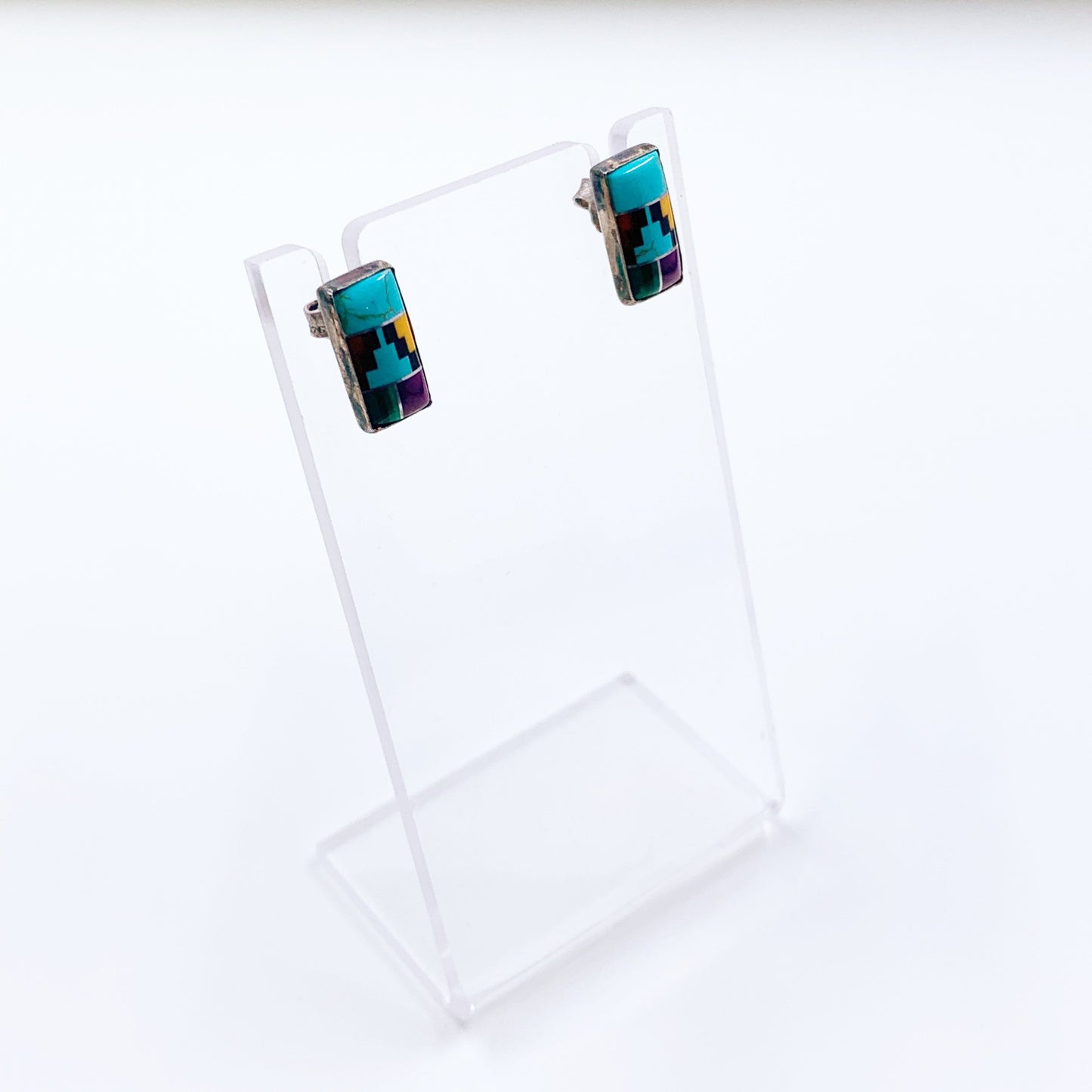 Vintage Silver Inlay Stud Earrings | Multi-stone Inlay Studs | Southwest Multicolor Inlay Earrings