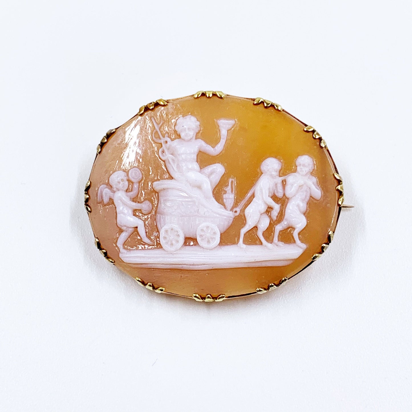 Antique 18k Shell Cameo Mythological Scene Brooch | The Triumph of Bacchus Cameo | Pictorial Mythology Cameo Brooch