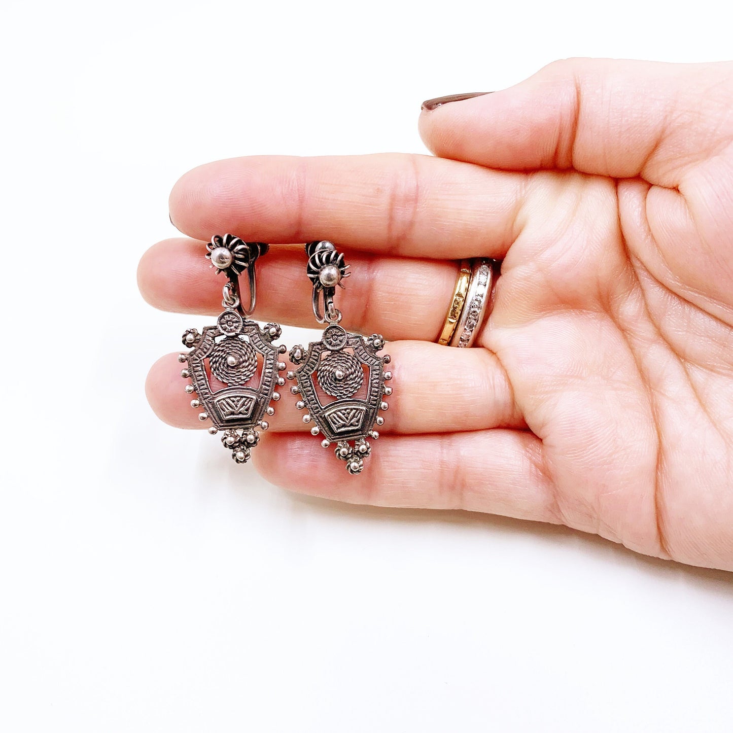 Vintage Silver Ethnic Dangle Earrings | Sterling Silver Cannetille Screw Back Earrings