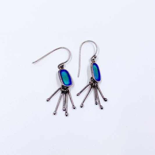 Vintage Silver Modernist Blue Enamel Earrings | Modernist Oval Blue Enamel Fringe Earrings | Articulated Silver Dangle Earrings